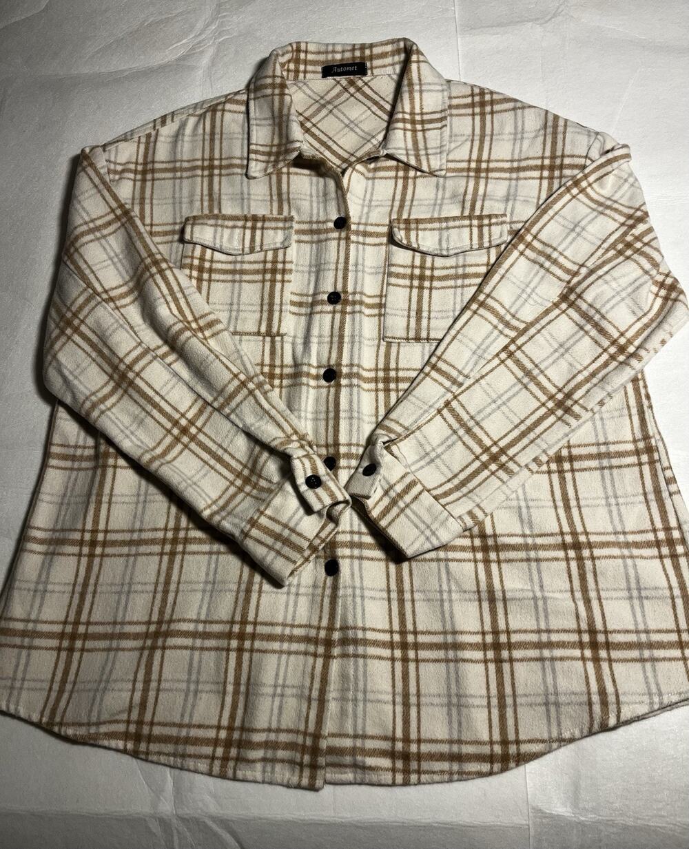Automet Women’s Plaid Shacket Cream Brown Oversized Flannel Shirt Jacket XL